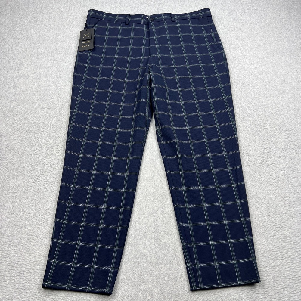NEW Zara Tailored Trousers Mens 36 Blue Plaid Comfort Stretch Chino Dress Pants